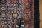 Herati motif field, unusual turtle design main border, and wide dark blue stripe.