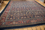 Bibikabad rug corner: indigo herati field, unusual raspberry red turtle main border.