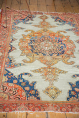 Antique Malayer rug corner, ornate red border, blue and orange elements, tattered fringe.