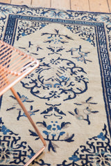 Ivory field, cobalt blue roundel motif, and Running-T border of an antique Peking rug.
