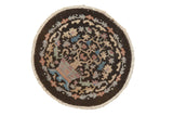 Vintage Chinese Art Deco round rug, charcoal ground, potted tree of life in soft pastel tones, 2'x2'1