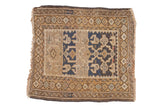 Antique Caucasian hand-knotted rug, geometric single column medallion, abrashes field, navy and sand, 2x2.5.