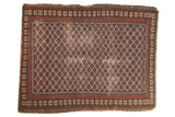 Antique hand-knotted Shirvan rug, allover lattice pattern, reciprocating pawn borders, deep navy, red, ivory.