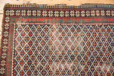 Antique Shirvan rug border with ivory star flowers and dark navy geometric lattice field.