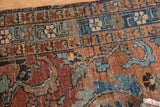 Hand-knotted vintage Heriz rug texture, with maroon and powder blue geometric patterns.