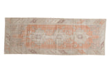 Distressed Oushak runner, terracotta, silver, sand, medallion design, worn low pile, 3x8.5 feet.