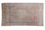 Distressed Oushak rug with soft central medallion, muted mauve, lavender, and terra cotta, 3'6