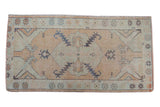 Distressed Oushak runner with central medallion, sickle leaves, beige, seafoam, charcoal, 2'7