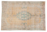 Vintage distressed Oushak carpet with oblong aqua medallion, faded peach field, 6'1