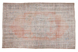 Distressed Vintage Oushak rug featuring a faded red and blue medallion, 6'1
