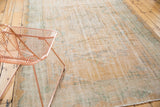 Distressed Oushak rug showcasing faded apricot, mint floral motifs and visible foundation.