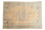 Distressed Oushak carpet, semi-roundel medallion, apricot field, faded blue-mint, Rococo design. 6'5