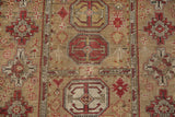 Antique Caucasian rug's geometric guls, stylized people, rust red, and bronze tones.