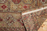 Antique Caucasian hand-knotted rug showing geometric guls, people motifs, and reverse construction.