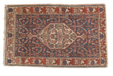 Antique Senneh rug mat with oversized serrated medallion, allover Herati, navy, red, ivory, 1'10