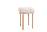Alvar Aalto style stool with fluffy white faux fur top and light wood curved legs.