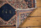 Hand-knotted Senneh rug corner reveals Farsi signatures, tight weave, and colorful borders.