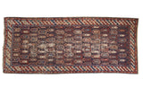 Antique Caucasian runner, circa 1890s, with allover oversized botehs in navy, wine red, and sand, 4'2