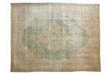 Distressed vintage Tabriz carpet, aqua green blue medallion, beige floral field, 8'10
