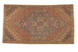 Distressed vintage Oushak rug mat with oversized medallion, dusty blush, green, and purple. 1'8