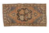 Distressed Oushak rug mat with scalloped medallion, faded terra cotta, ink blue, charcoal brown, 1'7