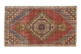 Distressed vintage Oushak rug with brick red medallion, faded blue beige geometric patterns, 1'8