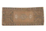 Vintage Distressed Oushak runner, geometric medallion and guls, muted beige, blue, grey.