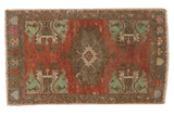 Distressed Oushak rug mat, abrashed brick red field, oblong medallion, mint geometrics.
