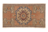 Distressed vintage Oushak rug with roundel medallion, dusty sandlewood, denim blue, 1'8