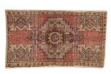 Distressed Oushak rug mat with stepped medallion, geometric corners, dusty blush, ivory, 1'8