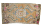 Distressed Oushak runner with a unique medallion, pale gold, ivory, and soft teal, 1'9