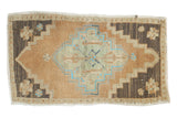 Vintage Distressed Oushak rug mat, terracotta field, stepped medallion, floral spandrels, 1'9