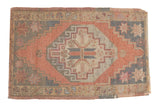 Distressed vintage Oushak rug, hexagonal medallion in blush, navy, beige, 1'9