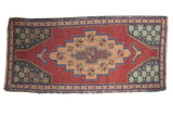 Distressed Oushak runner, geometric apricot medallion on a cochineal red field, 1'10