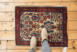 Vintage Sarouk rug detail showing ivory ground, potted tree-of-life, and tattered edge.