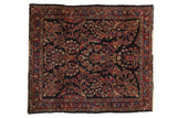 Unusual square vintage American Sarouk rug, dark navy ground, red tree of life floral motifs.