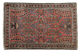 Vintage Dargezine rug, Sarouk style Lilihan, dark blush field, floral medallion, navy and sky blue.