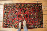 Vintage Dargezine runner, dusty red field, blue and beige Sarouk-style floral design, feet for scale.