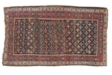 Antique Kurdish rug: early 20th century charcoal field, red border, geometric medallions with wear, 4x7.