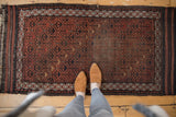 Hand knotted Belouch rug runner's repeating lattice pattern with germinating flower motifs and mostly even wear.