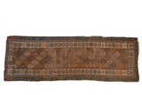 Hand-knotted antique Caucasian runner, copper guli hennai lattice pattern, rich patina, 3'6