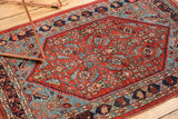 Antique Bijar rug border with cherry red herati motif, sky blue, and original side cord.