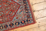 Intact side cord selvage and macrame finish of the antique Bijar rug's red and blue border.
