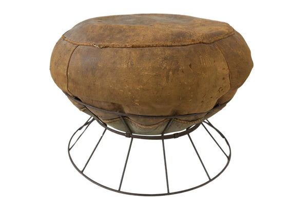 Vintage Mid Century Modern Leather Pouf Eames Style Base