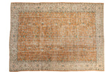 Vintage distressed Oushak carpet, faded apricot orange allover vinery, ivory floral border. 7'2
