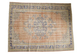 Distressed Oushak rug, apricot and faded blue floral medallion pattern. 6'10