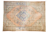 Distressed vintage Oushak carpet: apricot orange field, blue medallion, Rococo florals, 7'3