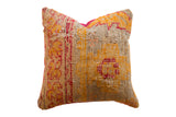 Reclaimed antique Turkish rug fragment pillow with orange, red, beige patterns, 14x14.