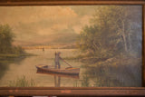 Intricate green foliage on the right bank of the early 20th century seascape painting.
