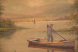 Antique seascape painting depicting a man paddling a boat on a tranquil lake with sailboats.
